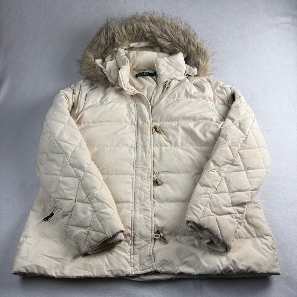 Lauren Ralph Lauren Womens XL Cream Down Quilted Puffer Jacket Faux Fur Hood